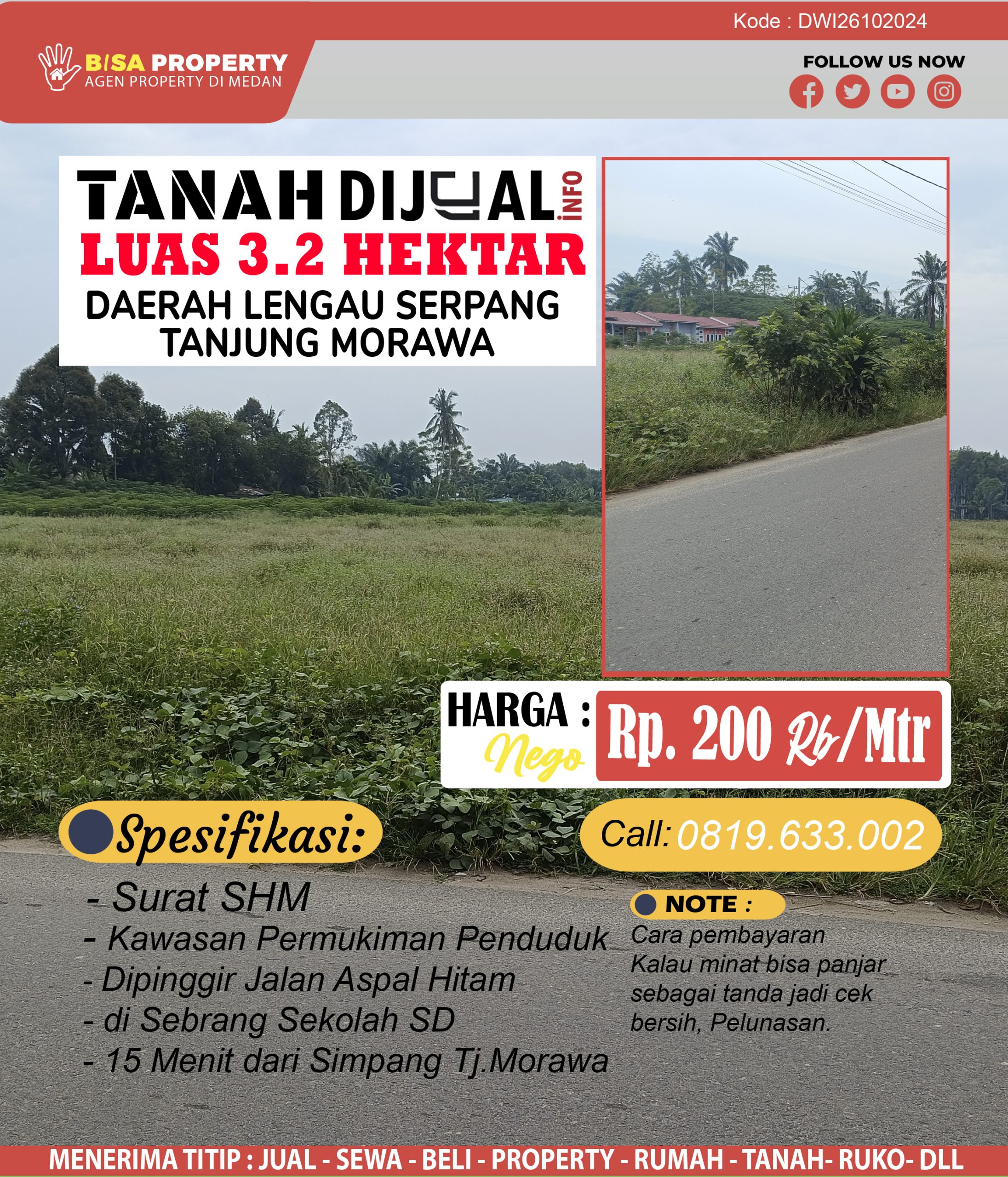 Tanah dijual di Tanjung Morawa luas 3.2 hektar harga 200 ribu permeter, SHM