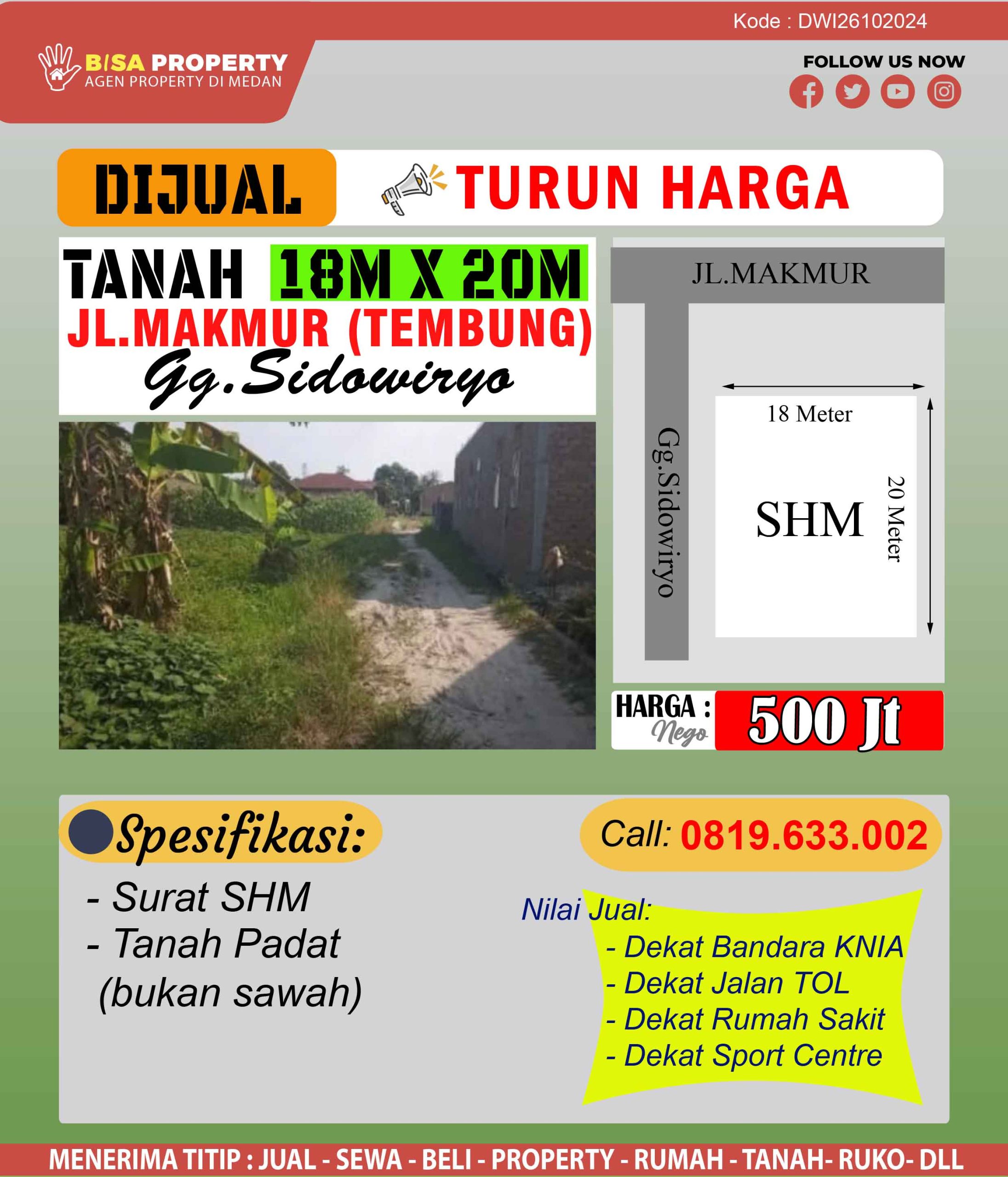 DIJUAL TANAH Ukuran 18 x 20 di Jl.Makmur Gg.sidowiryo (Tembung)
