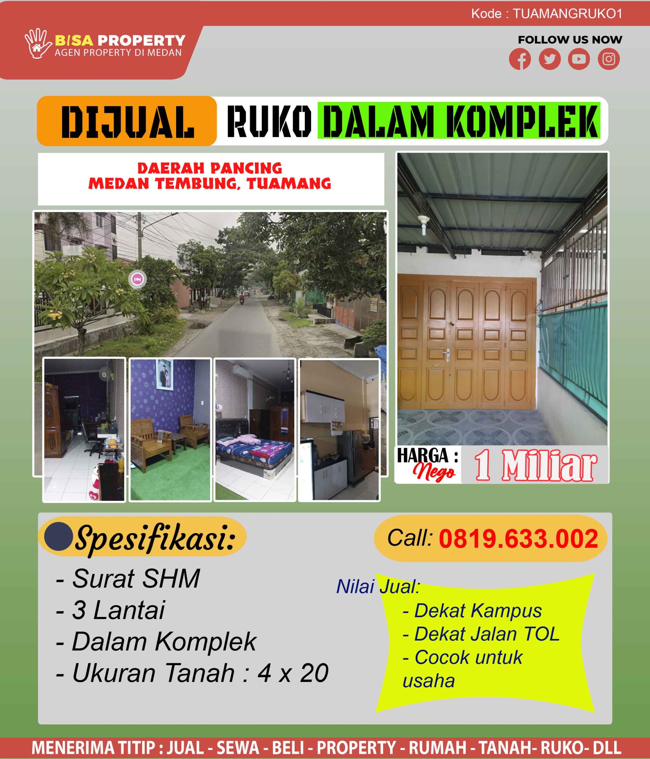 Dijual Ruko di jl.tuamang daerah Pancing / Unimed / Tuasan Dalam komplek