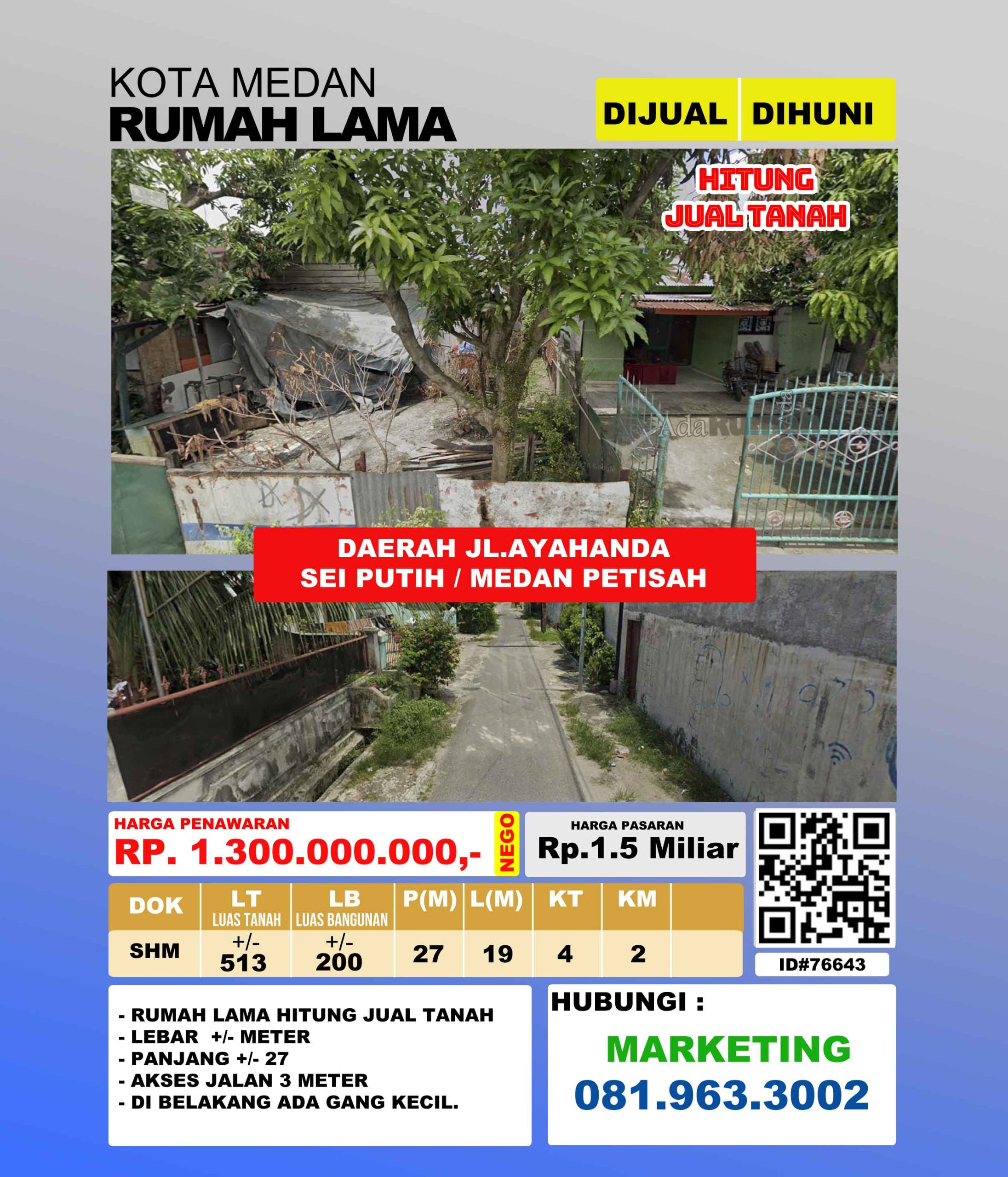 Dijual Rumah Lama ada 2 Unit hitung tanah di medan petisah Daerah Jl.Ayahanda masuk jl.batutulis