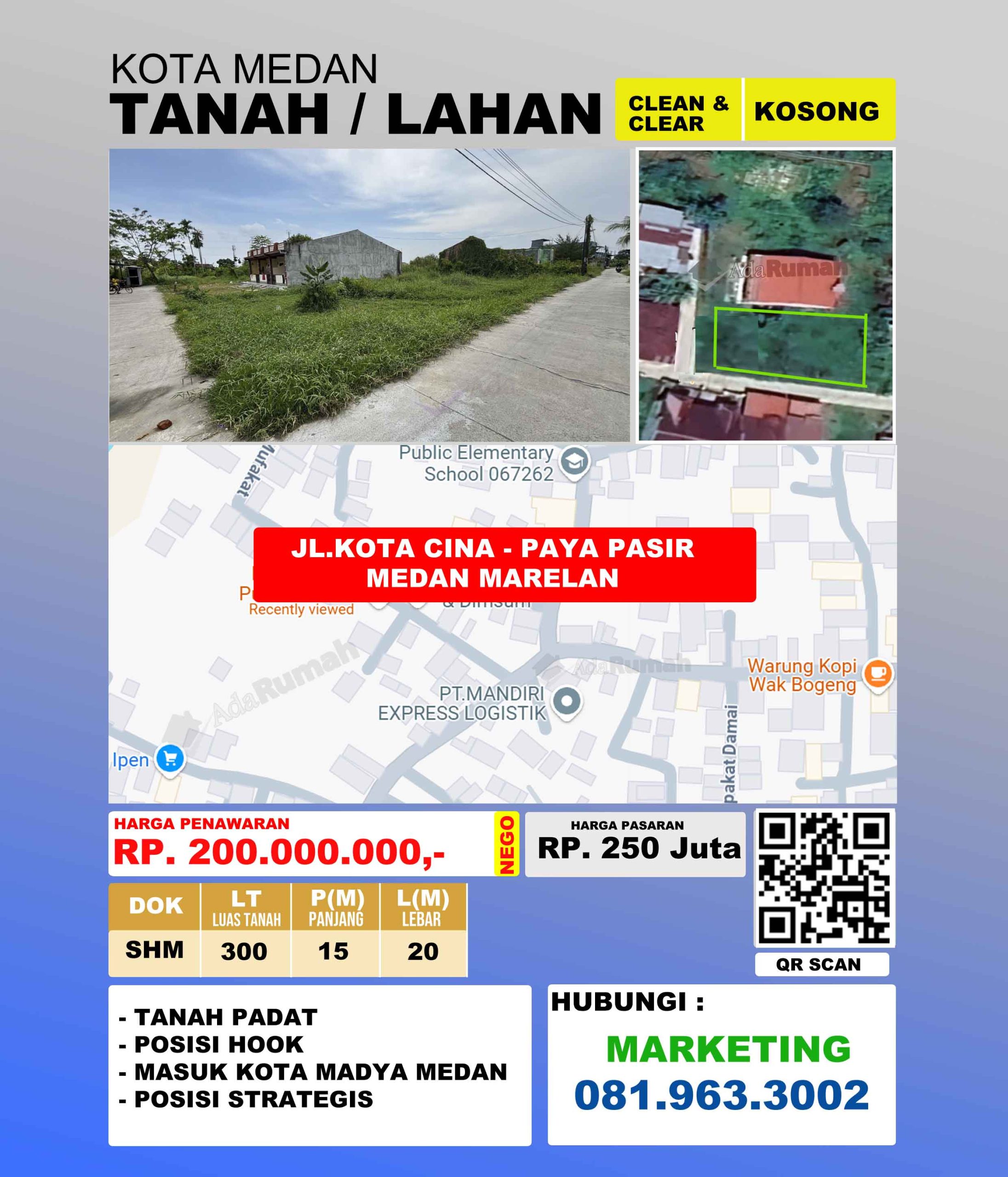 Tanah dijual di Medan Marelan Jl.Kota Cina / Jl.Pringgan Paya Pasir, Medan Marelan